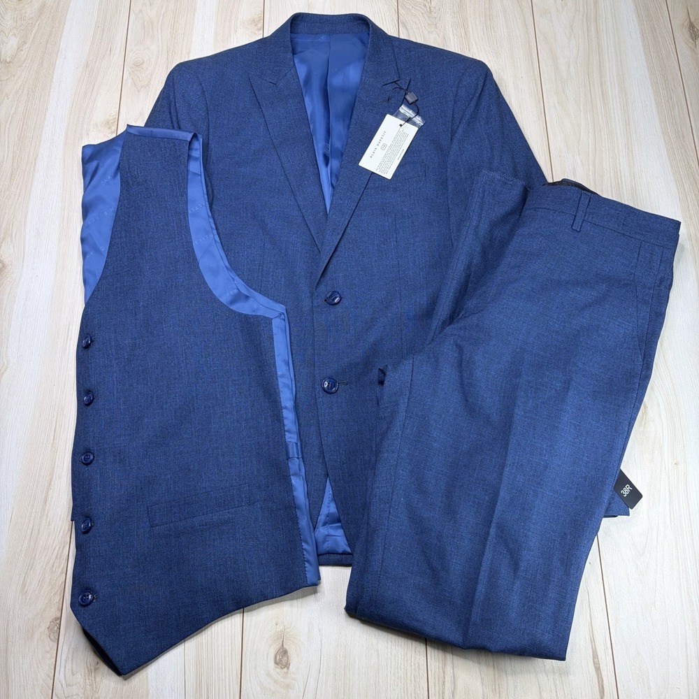 NWT Alain Dupetit Navy Blue Sharkskin 3-Pc Peak Lapel Suit Mens 38R 32W